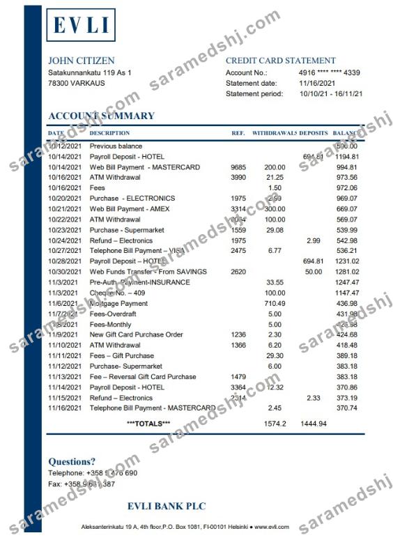 Finland Evli Bank PLC bank statement easy to fill template in Excel and PDF format
